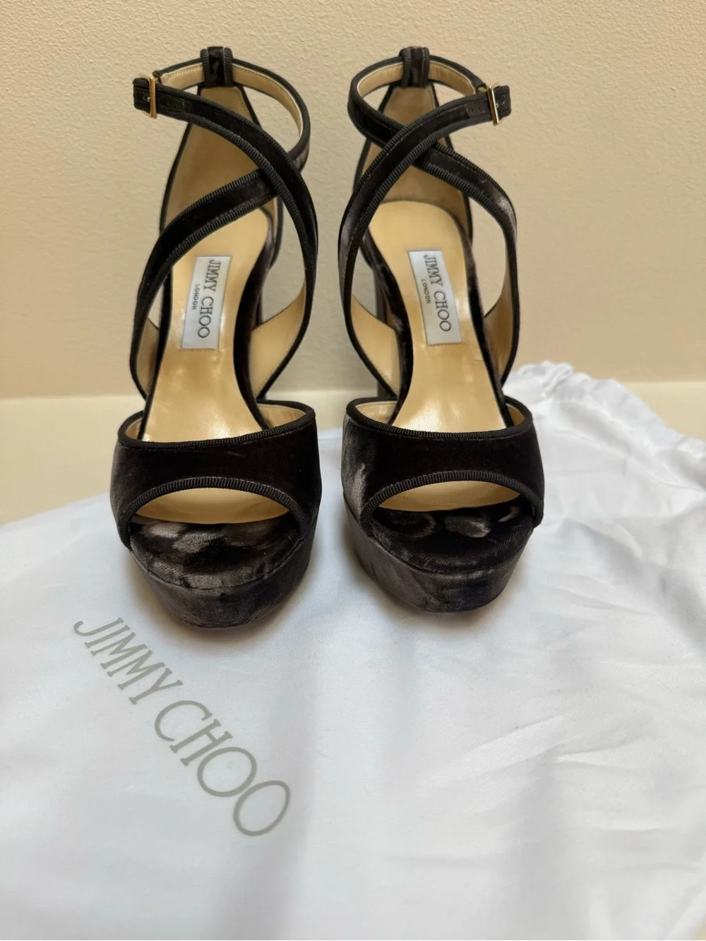 Jimmy Choo Black Velvet Platform Sandals with Crisscross Straps